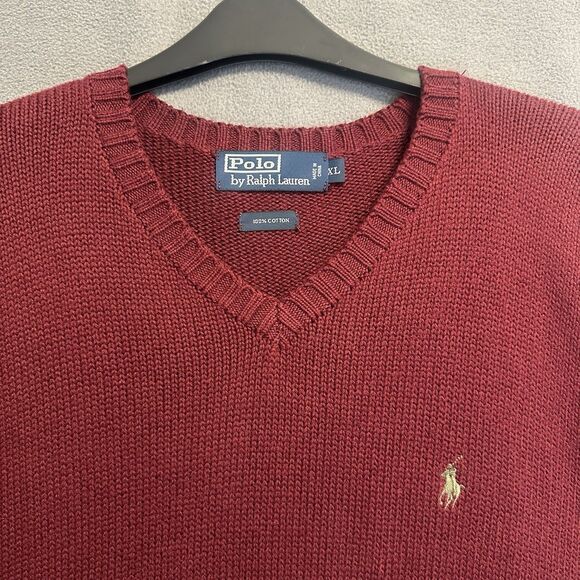 Polo Ralph Lauren V-Neck Sweater 100% Cotton Mens XL Burgundy Preppy Old Money - Picture 1 of 7